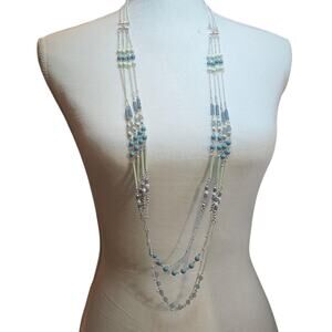 Talbots Multi Strand Necklace Layered Beaded Silver Tone Aqua Mint Gray Long